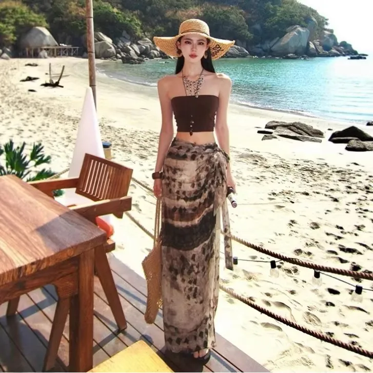 海岛慵懒度假风套装女辣妹短款抹胸背心不规则印花半身长裙两件套
