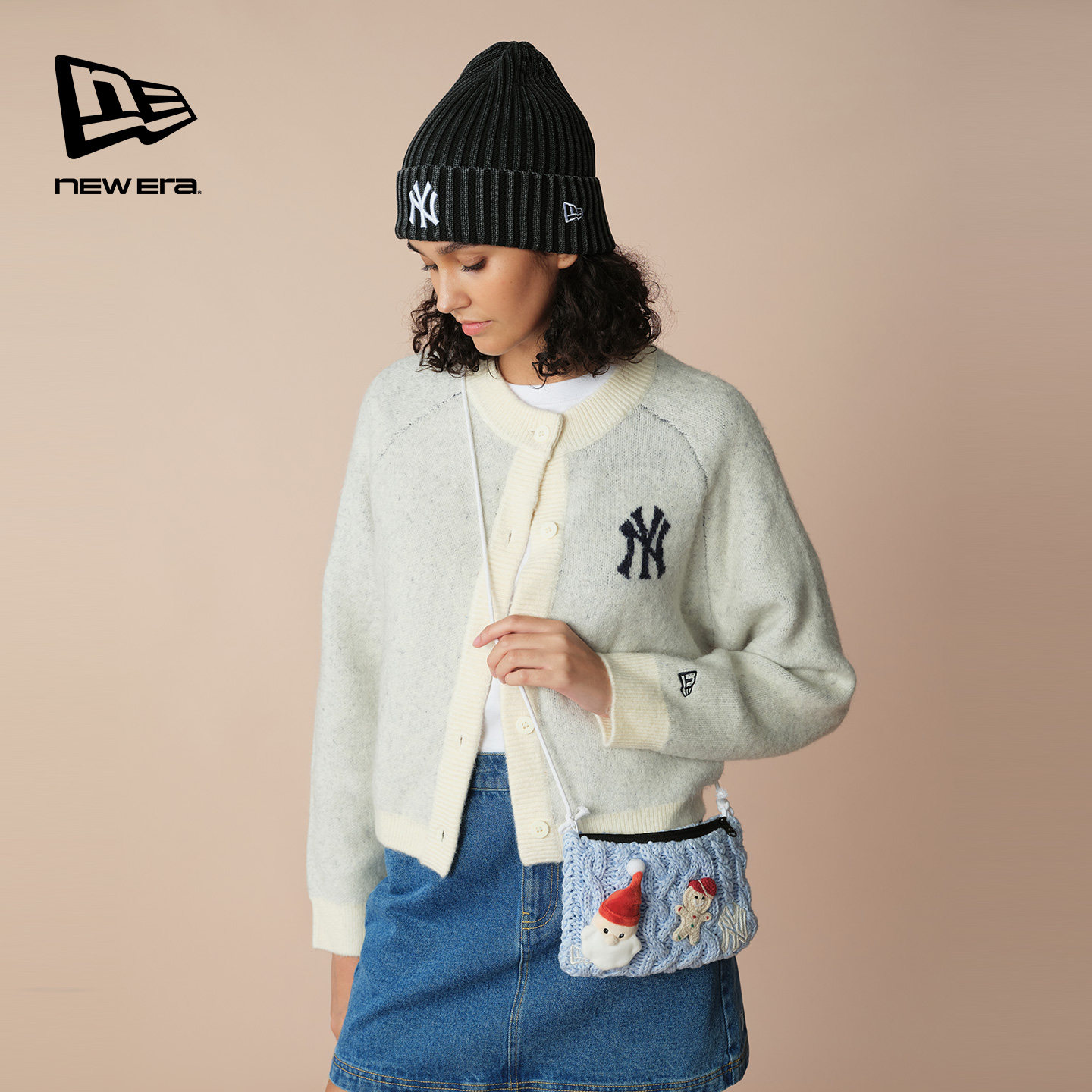 New Era纽亦华2025秋冬新款MLB针织开衫简约NY插肩袖短款女士毛衣