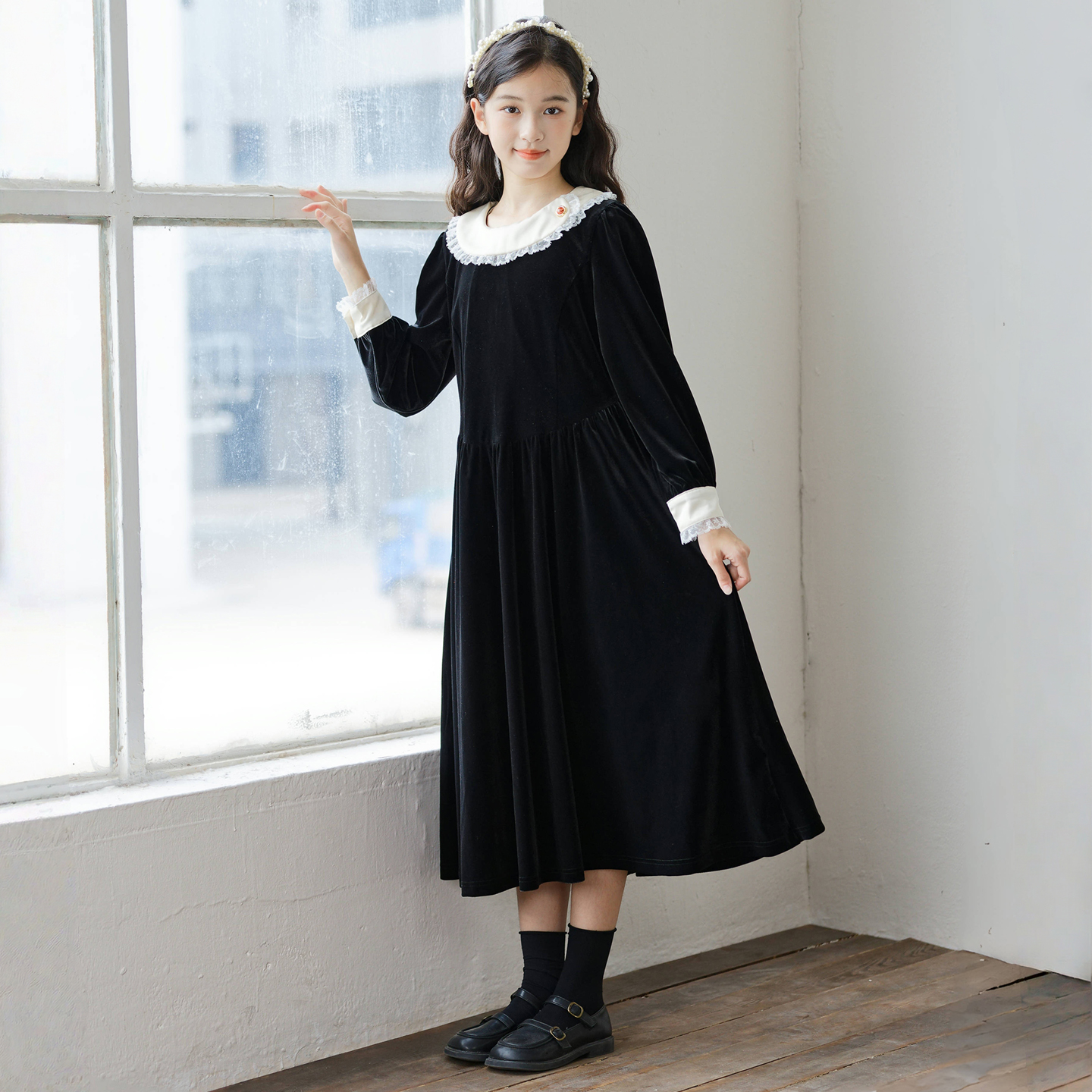 法式复古甜美风大童初中生连衣裙