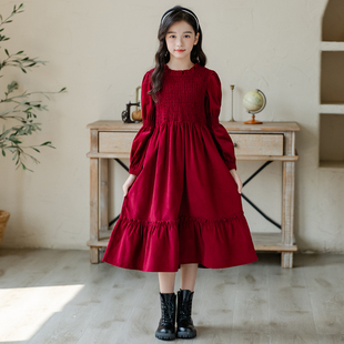 文艺复古田园风泡泡袖甜美公主裙女童秋冬裙子灯芯绒枣红色连衣裙