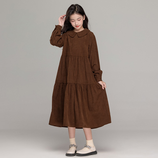 文艺森系女童裙子冬款加绒连衣裙灯芯绒日系娃娃领初中生秋冬长裙