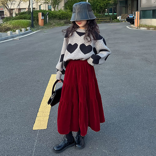 复古甜美风红色金丝绒半身裙女童秋冬款加绒高腰显瘦A字中长裙子