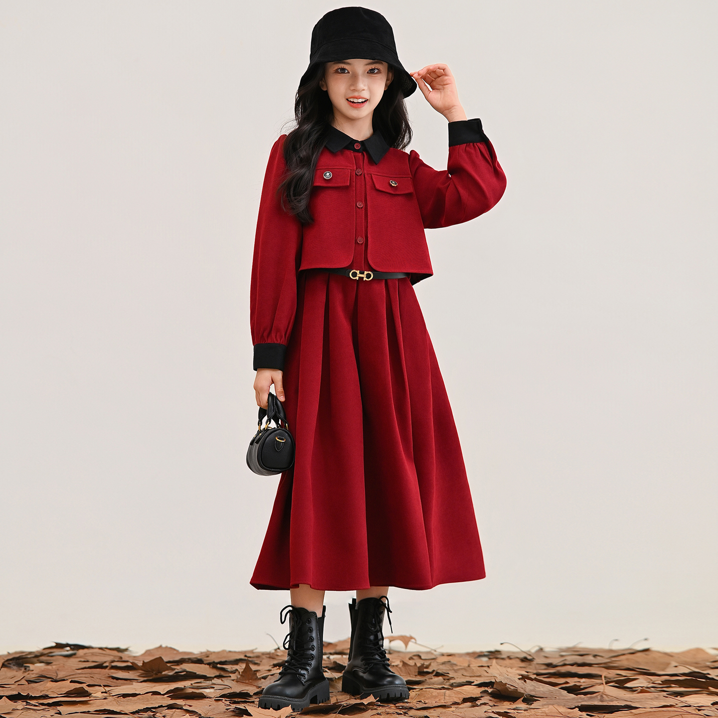 赫本小香风假两件红色连衣裙女童秋冬新款初中生加绒港风收腰长裙