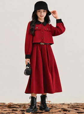 赫本小香风假两件红色连衣裙女童秋冬新款初中生加绒港风收腰长裙