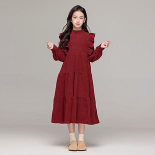 文艺森系连衣裙女童加绒法式复古秋冬裙子大童女孩灯芯绒加绒长裙