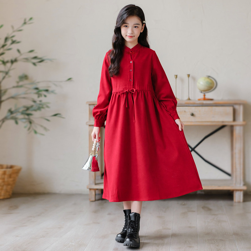 文艺复古女童加绒连衣裙秋冬款收腰立领红色衬衫裙小女孩黑色长裙