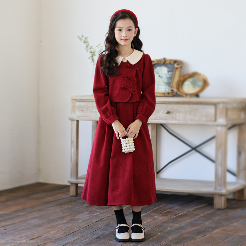 文艺复古新中式女童红色连衣裙秋冬加绒中国风假两件女孩新年长裙