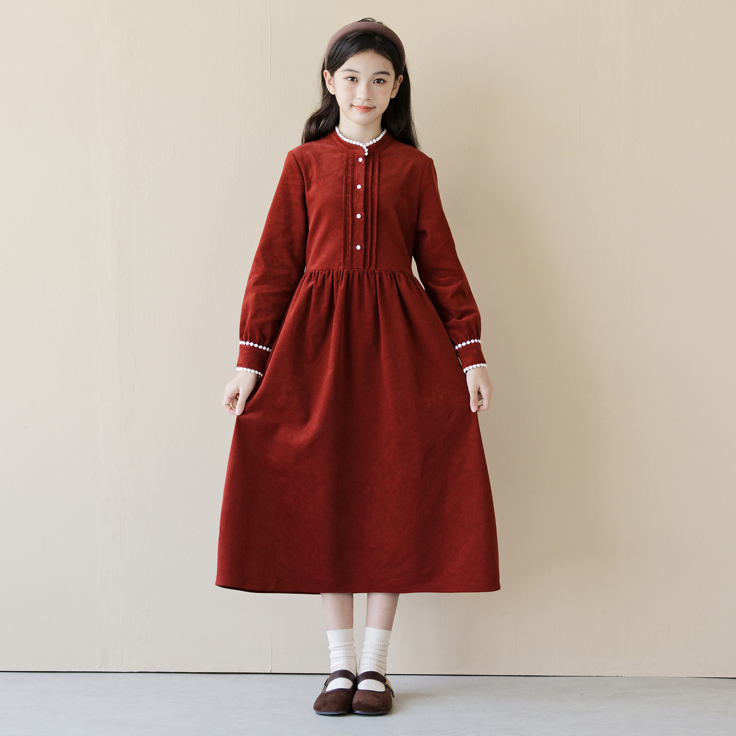 文艺复古纯棉灯心绒红色连衣裙女童秋冬裙子女孩花边小立领中长裙