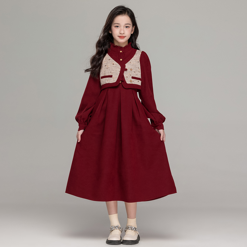 法式复古连衣裙女童秋冬加绒裙子中大童马甲假两件小香风加绒长裙