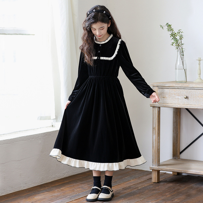 女童法式连衣裙丝绒黑色长裙