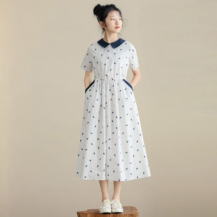 文艺小清新少女初中生连衣裙女大童日系甜美学院风收腰娃娃领长裙