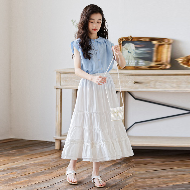 女童夏季套装2024新款甜美文艺风娃娃领上衣白色半身裙公主两件套