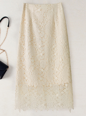 镂空水溶蕾丝半身裙女2025春秋新款高腰显瘦中长款法式开叉包臀裙