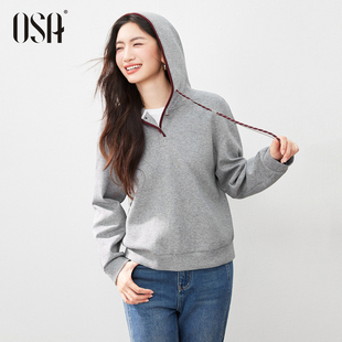 OSA欧莎灰色连帽卫衣女款2026新款春装宽松慵懒风套头设计感上衣