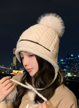 麻花编织护耳帽女系带毛球雷锋帽