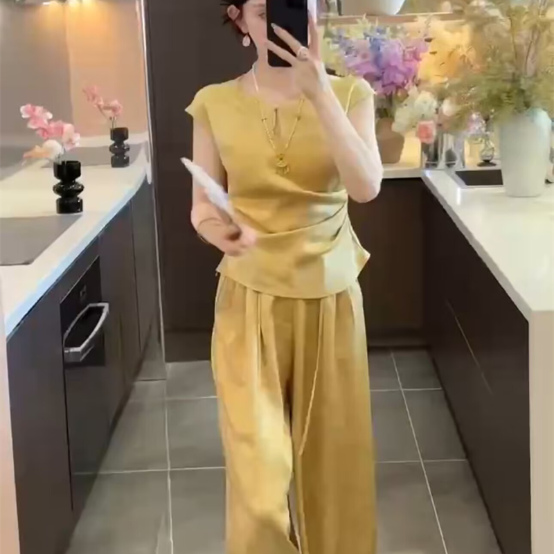 新中式时尚套装女绸面提花气质修身上衣裤子2025夏秋新款洋气减龄