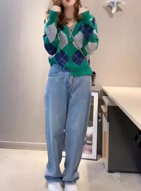 24930大爱美依缘2025秋季新款韩版菱格长袖开衫休闲牛仔裤洋气女
