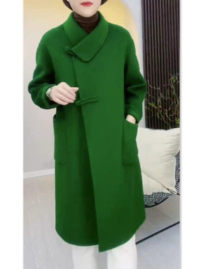 88322大爱美依缘2025春季新款时尚绿色呢子大衣女中长款宽松显瘦