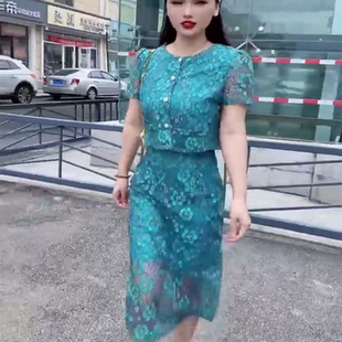 女欧货夏日高级感洋气显瘦上衣高腰半身裙两件套 复古花卉蕾丝套装
