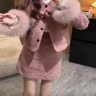 甜美粉色短外套 裙女2024秋冬新款 短裙 香风羽绒套装 高端网红爆款