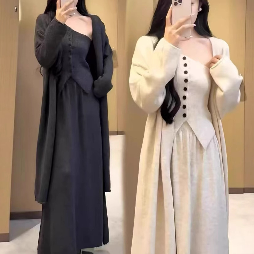 PH510904大爱美依缘2025高级针织开衫外套斜肩背心半身裙三件套