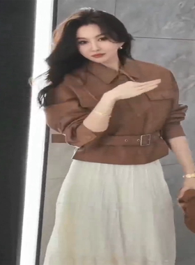 酷飒通勤风时髦套装裙2025秋季新款精致韩版皮夹克上衣网纱半身裙