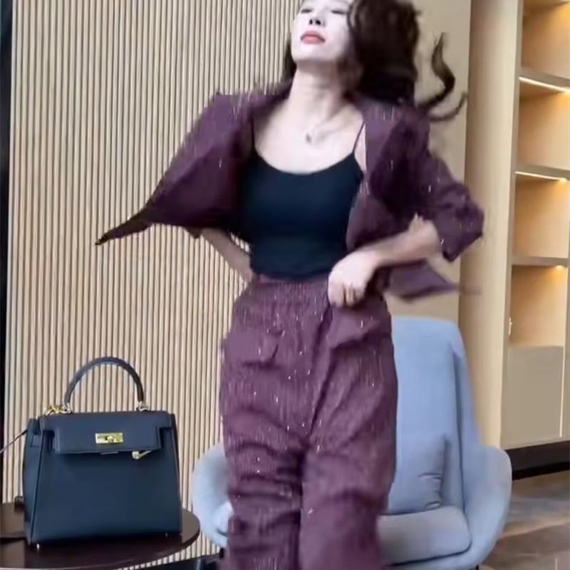 网红爆款时尚小个子套装女2025秋季新款高级感亮钻西服+显瘦裤子