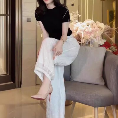 24311大爱美依缘2025春夏新款韩版圆领修身T恤洋气镂空阔腿裤