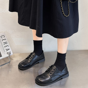 系带乐福鞋女鞋2023年新款网红软底懒人平底单鞋方头英伦风小皮鞋