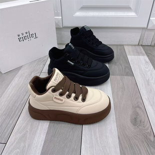 真皮面包鞋 厚底休闲鞋 学院风加绒二棉运动松糕鞋 新款 女2025年冬季