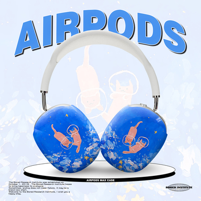 复古简约海洋小猫蓝色可爱插画艺术潮流适用于AirPodsMax1/2苹果蓝牙耳机头戴式保护壳耳麦光面磨砂哑光硬壳