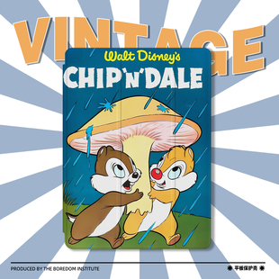 躲雨松鼠可爱美式海报艺术卡通画适用于苹果2024款iPadPro12.9/11三折保护壳air6/air5/mini6防摔气囊平板壳