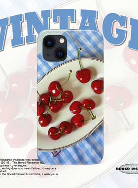 ins风小众复古餐桌樱桃艺术少女方格适用于苹果IPhone15/14plus/13pro/12/11/16/16promax菲林手机壳IMD软壳