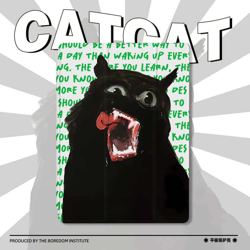 艺术黑猫可爱简约插画复古字母绿适用于苹果2024款iPadPro12.9/11三折保护壳air6/air5/mini6防摔气囊平板壳