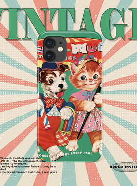 vintage小众复古卡通猫咪小狗插画千禧年杂志适用于苹果IPhone11/12/13/14promax/15/16菲林手机壳软壳全包潮