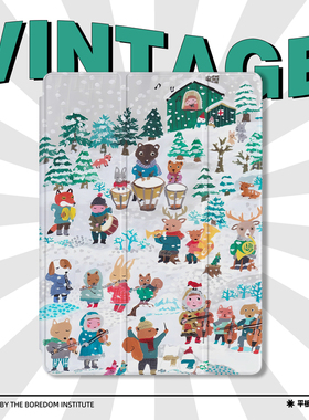 雪山艺术油画小动物卡通潮简笔画适用于苹果2024款iPadPro12.9/11三折保护壳air6/air5/mini6防摔气囊平板壳