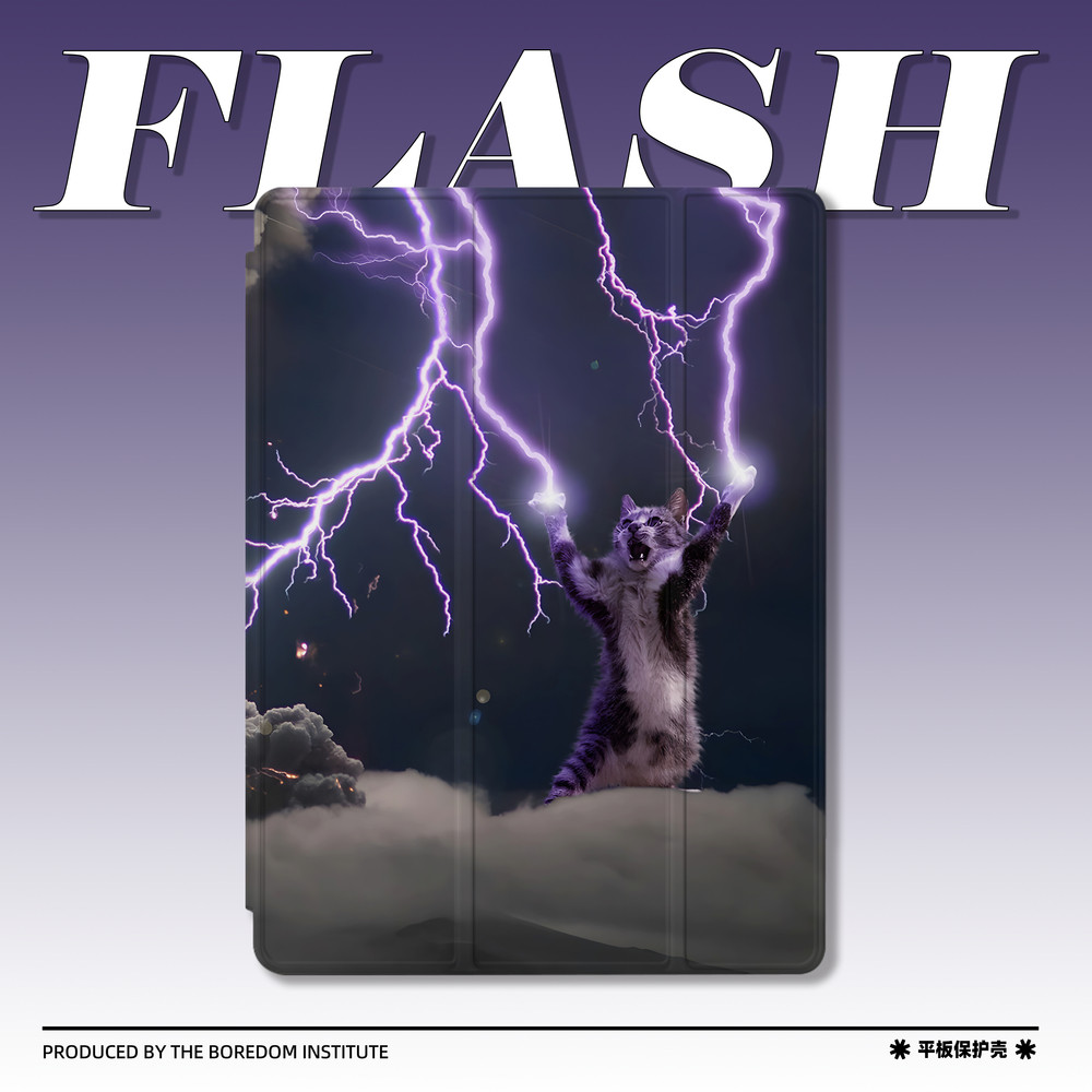赛博复古小众雷神小猫可爱插画潮流闪电适用苹果2022款iPadPro12.9/11三折保护壳air5/mini6防摔壳ipad10笔槽