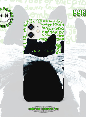 复古小众手绘黑猫创意插画黑白适用于IPhone11/12/13promax/14/15pro/16手机壳潮流
