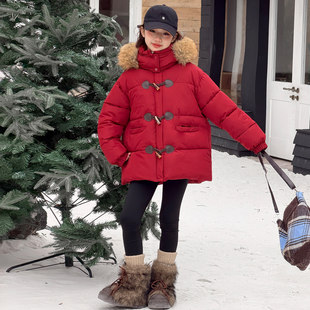 女童羽绒棉棉服冬装2025新款女大童红色大毛领棉衣儿童本命年衣服