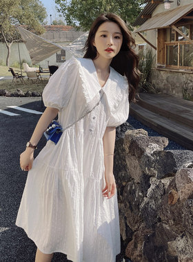 专柜十三行娃娃领别致漂亮连衣裙女夏宽松遮肚显瘦白色法式奶甜初