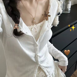 专柜品牌bm甜美风白色蕾丝花边短外套女修身显瘦纽扣开衫少女感