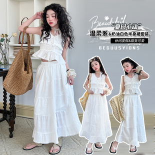女童套裝 吊帶連衣裙夏季 2025新款 兒童海邊度假白色半身裙子 裙法式