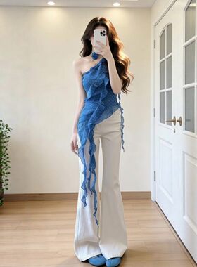 专柜十三行26夏季设计感巨好看的斜肩上衣白色长裤两件套装一整套