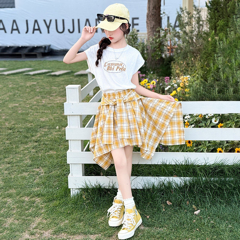 女童半身裙套装夏季女孩韩系时髦中大童短袖不规则格子短裙两件套