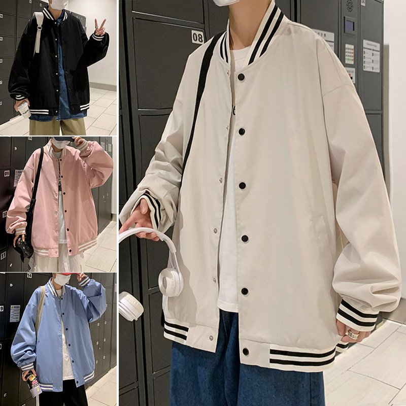 海上公路港风棒球服男春秋季纯色夹克衫ins潮流韩版排扣宽松休闲