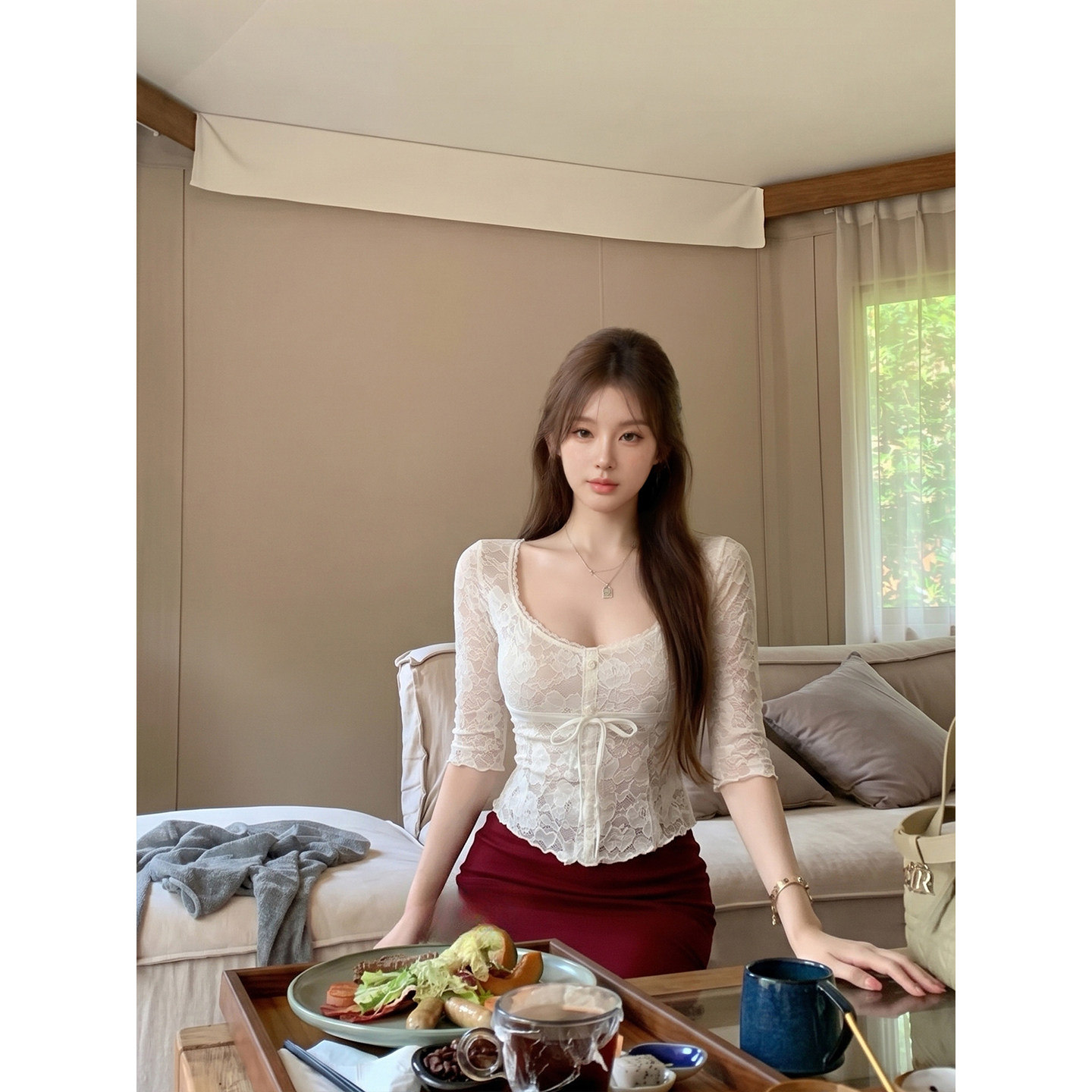 专柜正品法式气质方领蕾丝衫女夏季纯欲风辣妹修身显瘦五分袖上衣