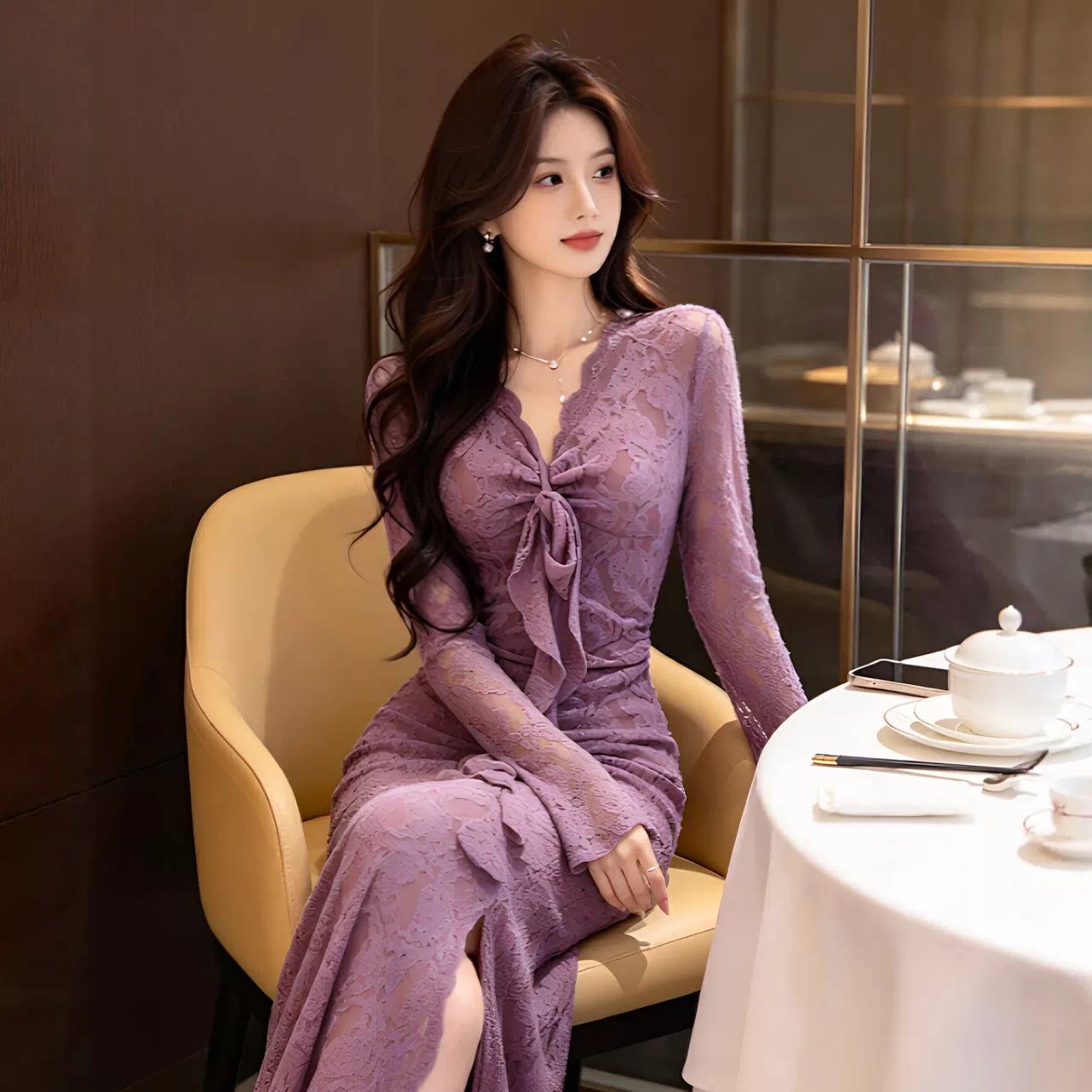 专柜正品御姐独特绝美V领紫色收腰修身包臀长裙设计感时尚连衣裙2