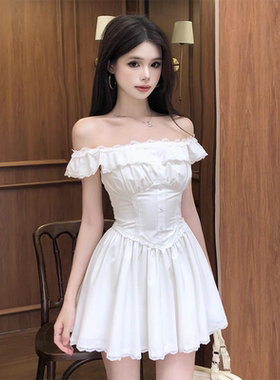 十三行正品法式初恋少女感白色一字肩连衣裙女夏设计感收腰蕾丝花