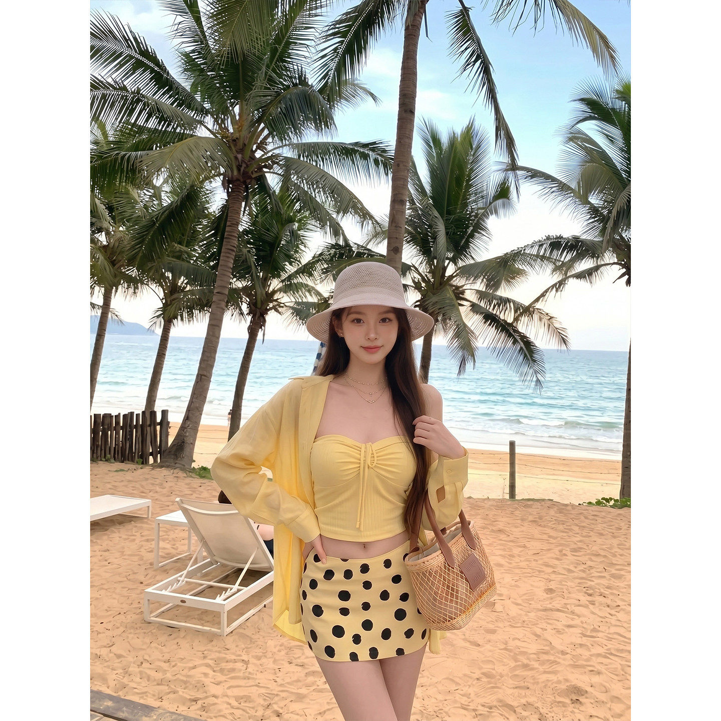 专柜正品韩系甜辣风套装裙女夏季防晒衬衫抹胸上衣波点短裙三件套