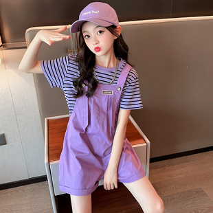 吊帶短褲 條紋短袖 套裝 兩件套韓版 洋氣小女孩衣服 夏裝 女大童背帶褲